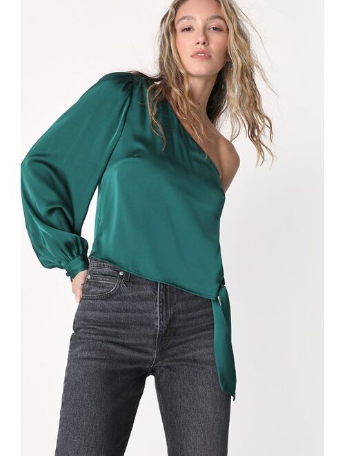 Lulus Effortlessly Radiant Emerald Green Satin One-Shoulder Top