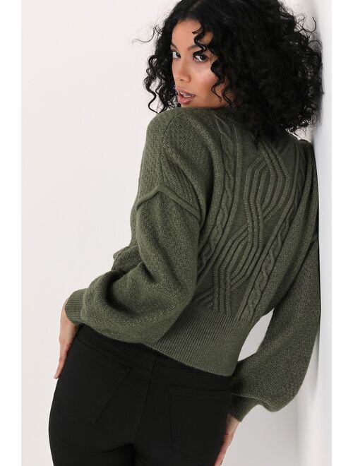 Lulus Cozy Cause Heather Olive Cable Knit Sweater