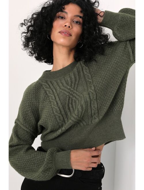 Lulus Cozy Cause Heather Olive Cable Knit Sweater