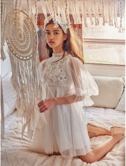 Angelic sequin-embellished long-sleeved tulle dress
