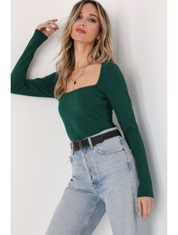 Feels Like Fate Green Ribbed Long Sleeve Square Neck Bodysuit