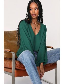 Stylish and Sincere Emerald Green Long Sleeve V-Neck Top