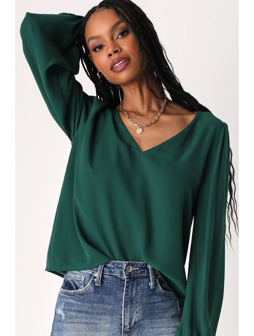 Lulus Stylish and Sincere Emerald Green Long Sleeve V-Neck Top