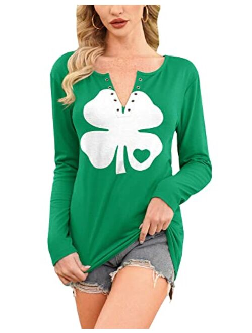 For G and PL Womens St. Patrick's Long Sleeve Sweatshirt Irish Print Sexy V-Neck Clover Shamrock Shirt