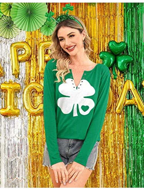For G and PL Womens St. Patrick's Long Sleeve Sweatshirt Irish Print Sexy V-Neck Clover Shamrock Shirt