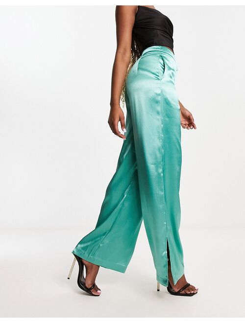 Vila satin tailored wide leg pants in green - part of a set