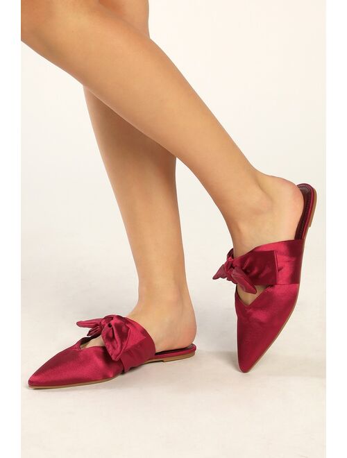 Lulus Sylviee Wine Red Satin Pointed-Toe Bow Mules