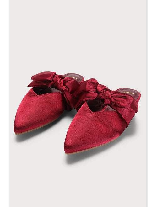 Lulus Sylviee Wine Red Satin Pointed-Toe Bow Mules