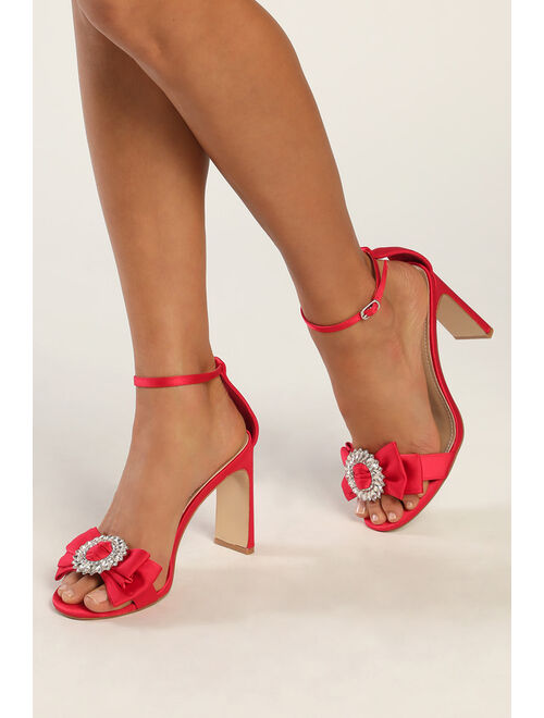 Lulus Genesisy Red Satin Rhinestone Ankle Strap Pumps