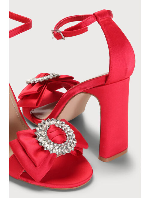 Lulus Genesisy Red Satin Rhinestone Ankle Strap Pumps