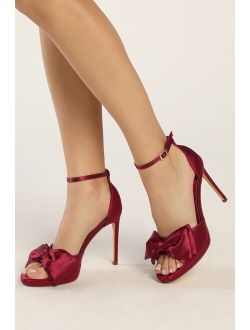 Lanely Wine Red Satin Bow High Heel Sandals