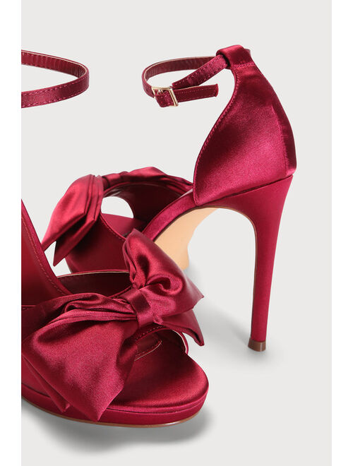 Lulus Lanely Wine Red Satin Bow High Heel Sandals