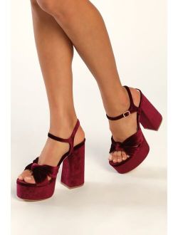 Falura Wine Red Velvet Knotted Platform High Heel Sandals