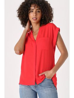 Easy Mood Red Orange Short Sleeve Button-Up Top