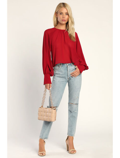 Lulus Sheer Elegance Red Sheer Long Sleeve Top