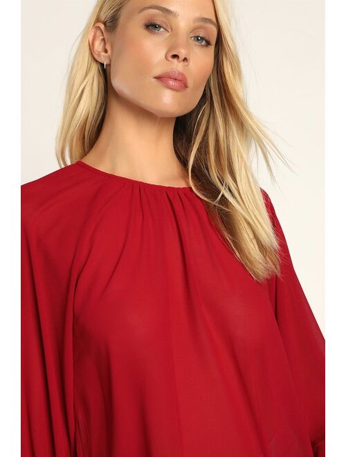 Lulus Sheer Elegance Red Sheer Long Sleeve Top