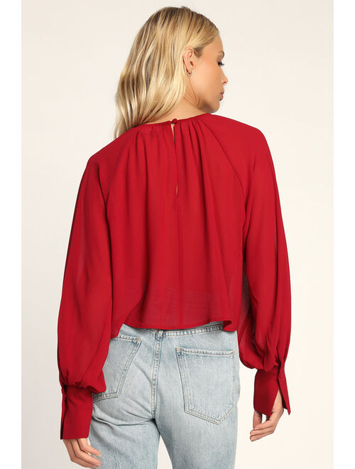 Lulus Sheer Elegance Red Sheer Long Sleeve Top