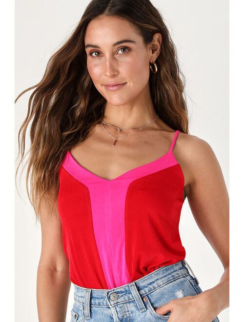 Lulus Feelin' the Stripe Red and Pink Color Block Bodysuit
