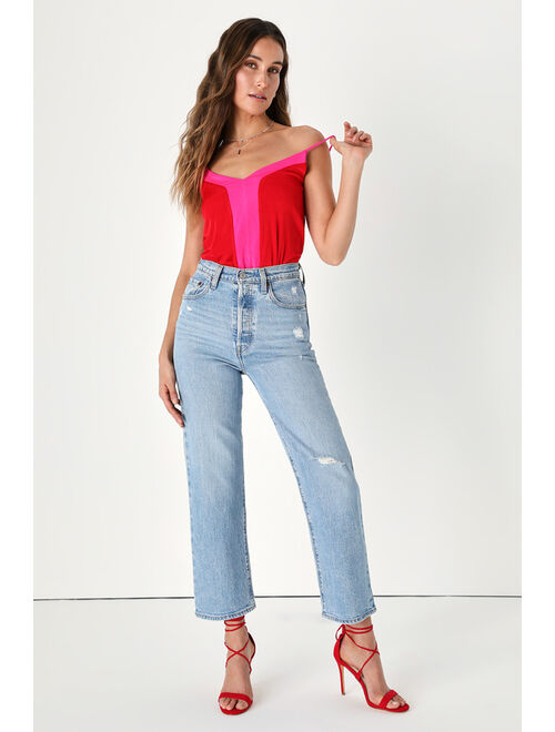 Lulus Feelin' the Stripe Red and Pink Color Block Bodysuit