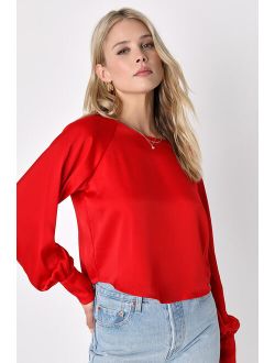 Daily Update Red Satin Keyhole Long Sleeve Top