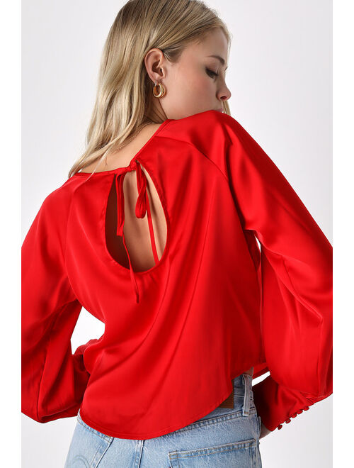 Lulus Daily Update Red Satin Keyhole Long Sleeve Top