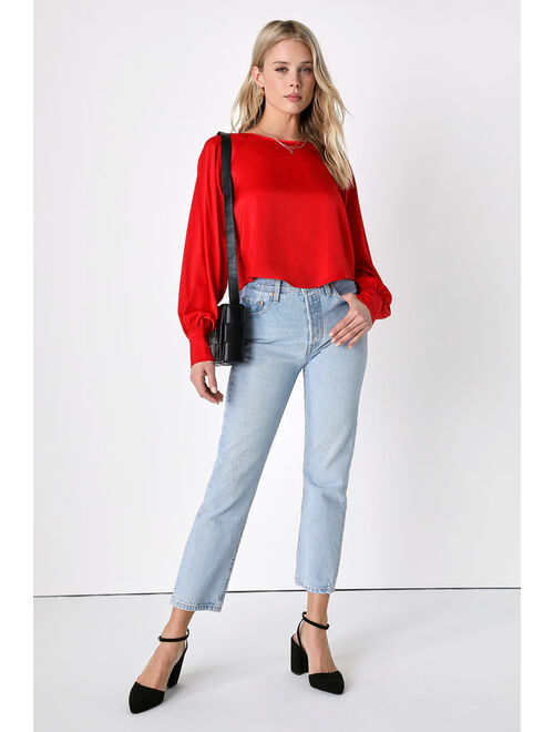 Lulus Daily Update Red Satin Keyhole Long Sleeve Top