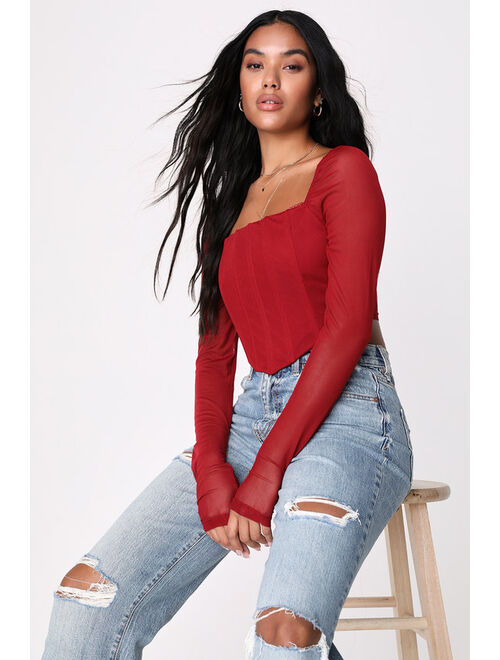 Lulus Just Haven't Mesh You Yet Wine Red Mesh Bustier Crop Top