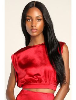 Glamorous Glances Red Satin Cap Sleeve Crop Top