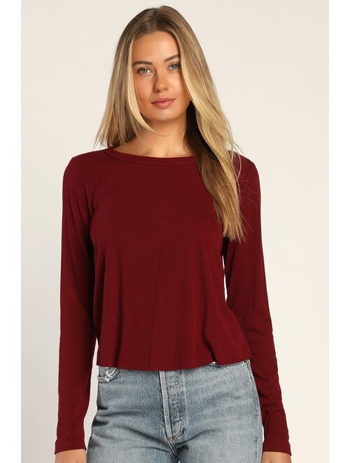 Lulus Sweet Side Burgundy Ribbed Cutout Long Sleeve Top