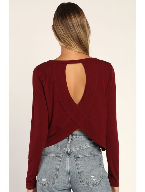Lulus Sweet Side Burgundy Ribbed Cutout Long Sleeve Top