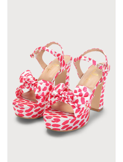 Lulus Lyeluh Red Kiss Print Satin Bow Platform Heels