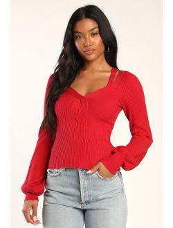 Everyday Love Red Ribbed Knit Long Sleeve Cutout Top