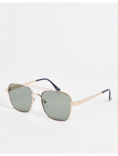 ASOS DESIGN 70s aviator sunglasses in gold metal with retro lens and brow bar detail - GOLD