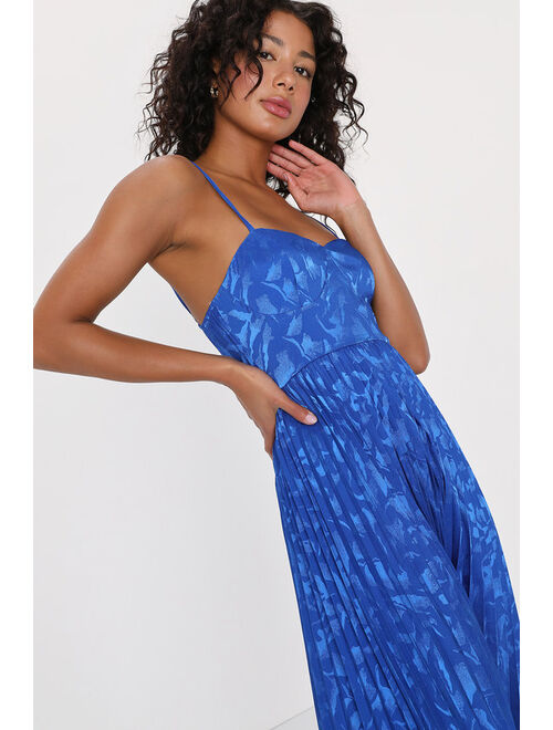Lulus Chic Sensibility Cobalt Blue Satin Jacquard Pleated Midi Dress