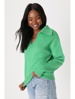 Saturday Chic Bright Green Collared Pullover Sweater