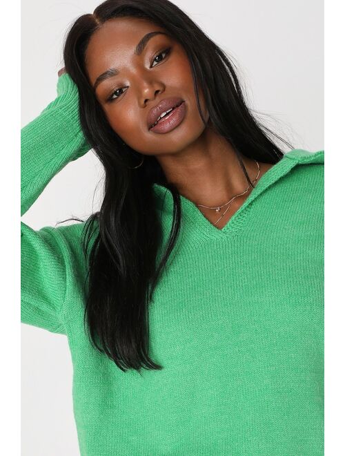 Lulus Saturday Chic Bright Green Collared Pullover Sweater