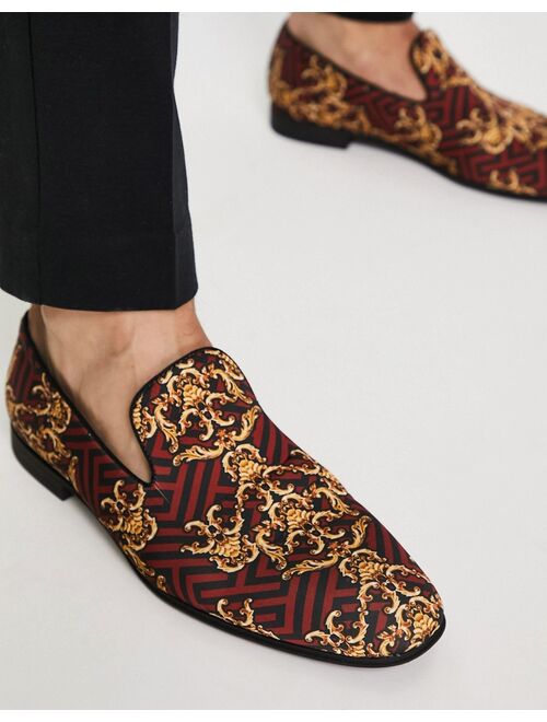 ASOS DESIGN loafers in burgundy baroque print satin