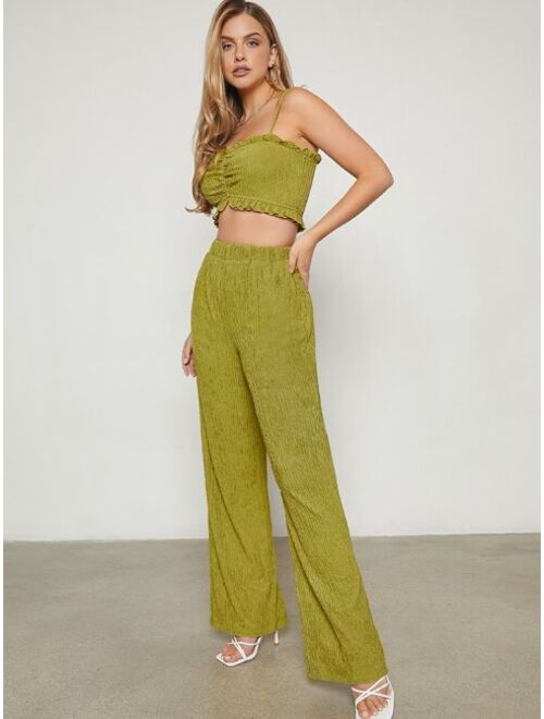SHEIN Ruched Frill Trim Cami Top & Flare Leg Pants