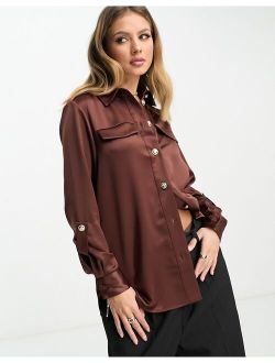 satin utility shirt in dark brown