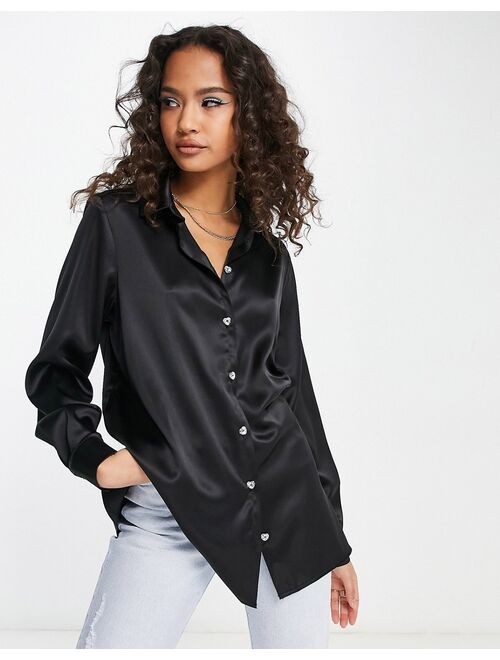 Miss Selfridge oversized satin shirt with diamante buttons in black
