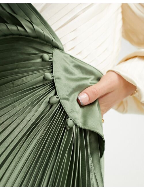 ASOS DESIGN pleated satin wrap button detail midi dress in khaki and cream color block