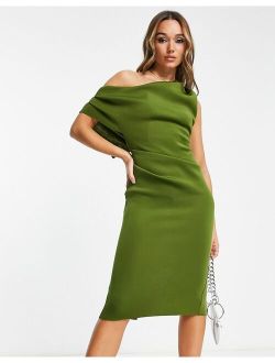 fallen shoulder pleat midi dress in olive