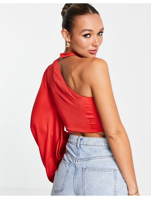 ASOS DESIGN one shoulder long sleeve top with corsage detail in red