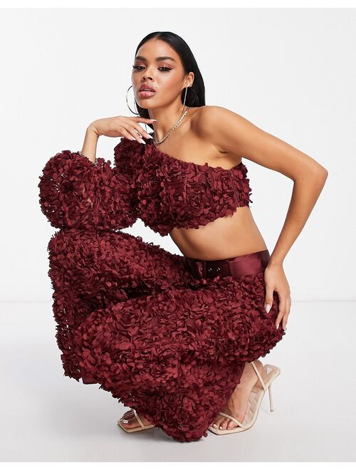 ASOS LUXE 3D lace one shoulder crop top in wine - part of a set