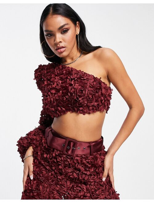 ASOS LUXE 3D lace one shoulder crop top in wine - part of a set