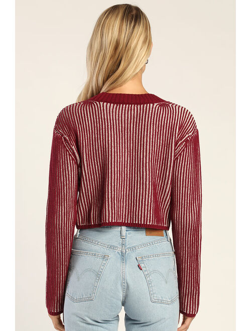 Lulus Get the Stripe Wine Red Striped Ribbed Cropped Cardigan