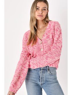 Adorable Affection Pink Multi Cropped Balloon Sleeve Cardigan