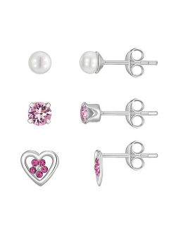 Charming Girl Kids' Sterling Silver Crystal Heart & Simulated Pearl Earring Set