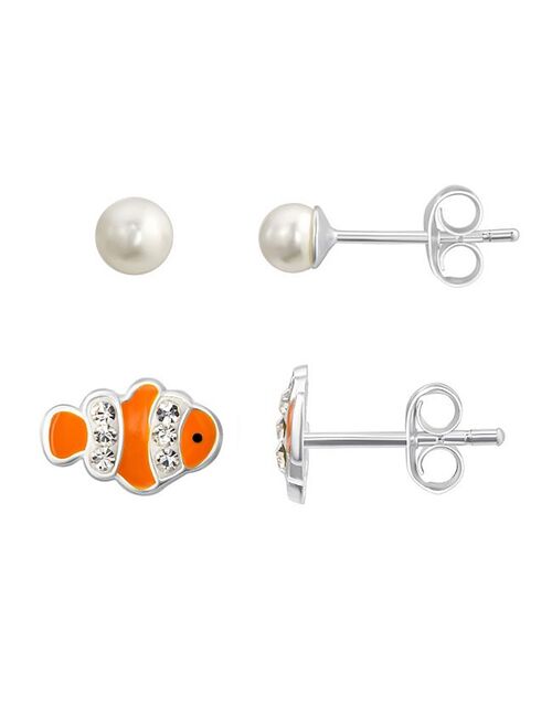 Charming Girl Sterling Silver Simulated Pearl & Clownfish Stud Earring Duo Set