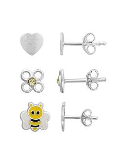 Charming Girl Sterling Silver 3 Pair Heart, Flower, & Bee Stud Earring Set